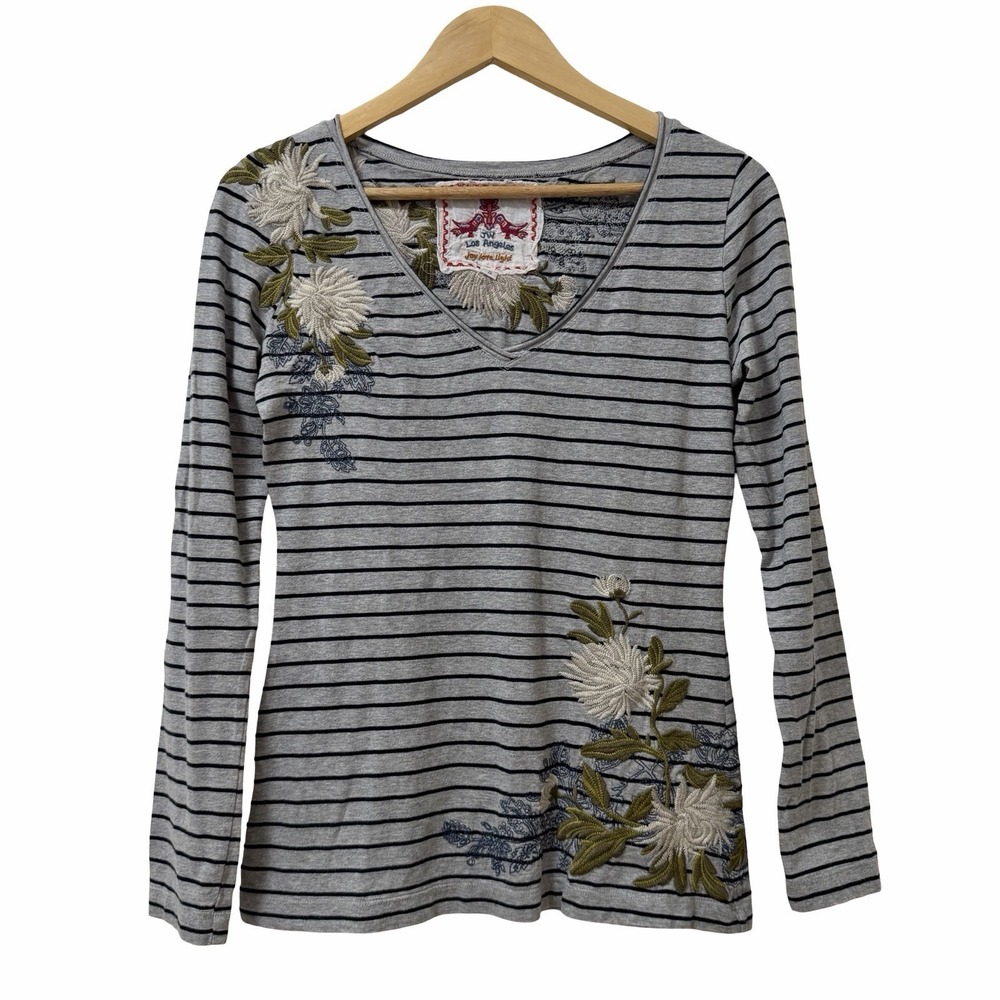 Johnny Was JWLA Embroidered Floral Stripe Long Sleeve Tee Shirt Size S Gray Boho